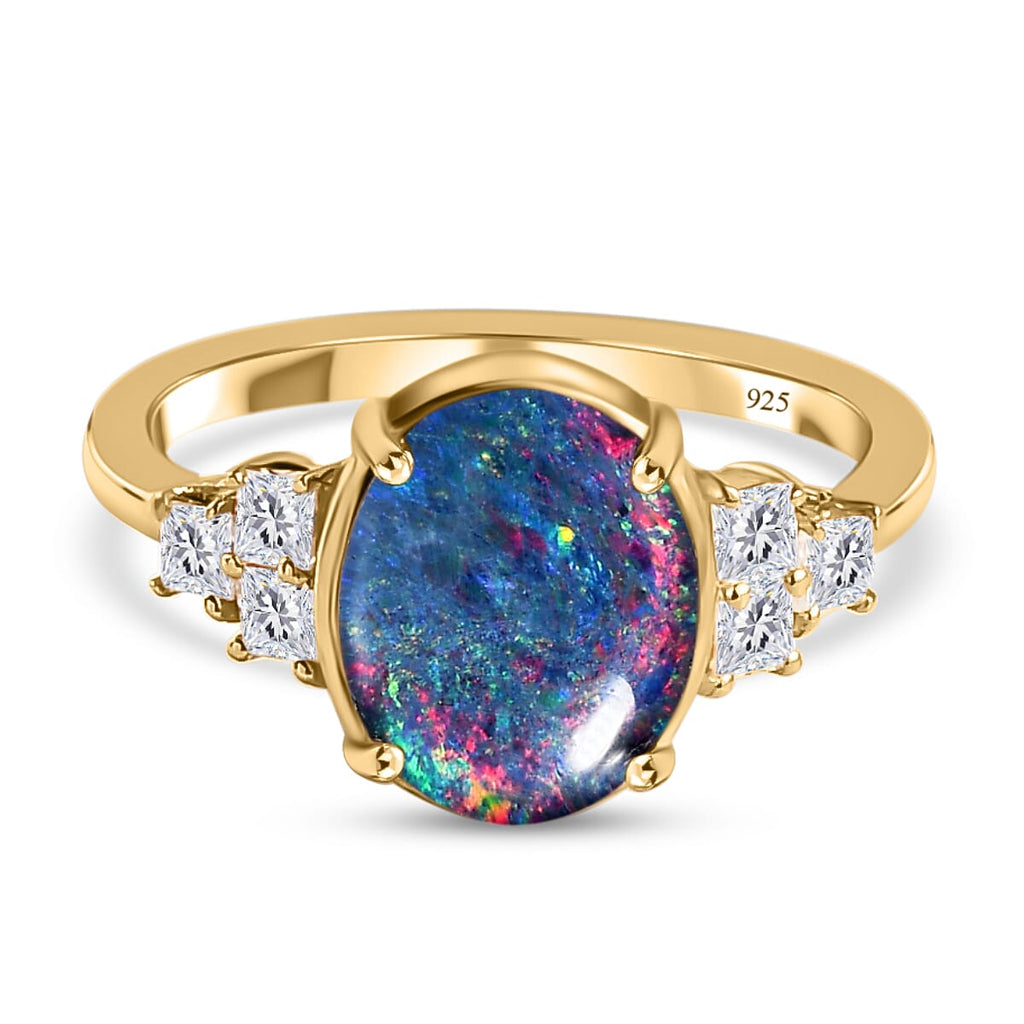 Boulder Opal ,  Moissanite  Main Stone With Side Stone Ring in 18K Yellow Gold  Vermeil Plated Sterling Silver 2.132  Ct.