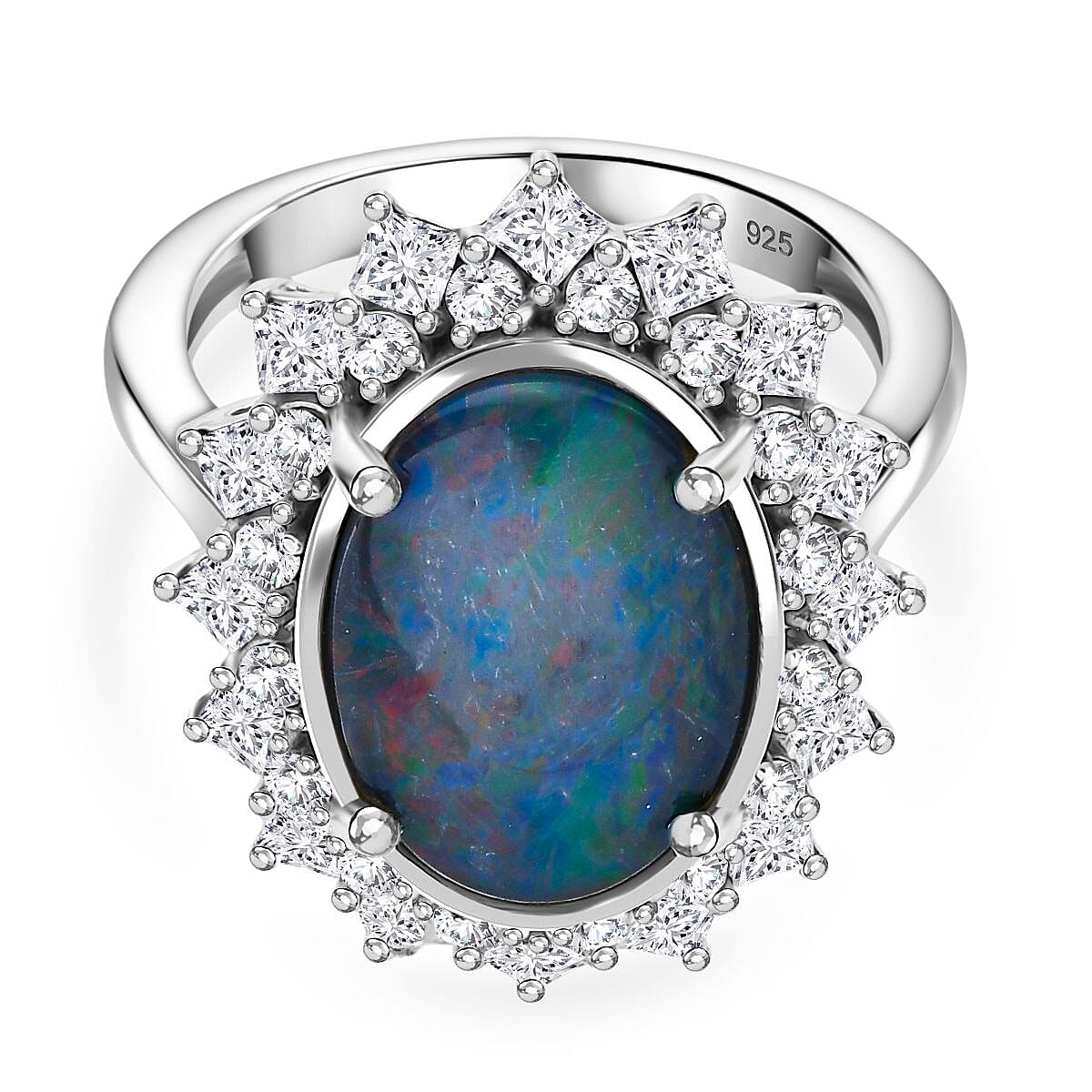 AAA Boulder Opal, Moissanite Halo Ring in Rhodium Overlay Sterling Silver 4.52 Ct. 8124634 0