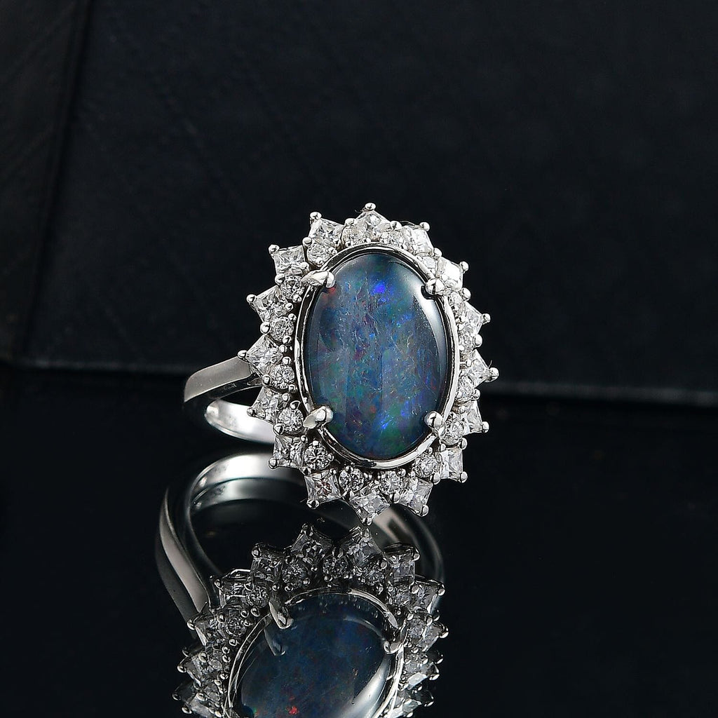 AAA Rare Size Boulder Opal (14X10 mm) and Moissanite Ring in Rhodium OverlaySterling Silver. Total Wt 4.50 Cts