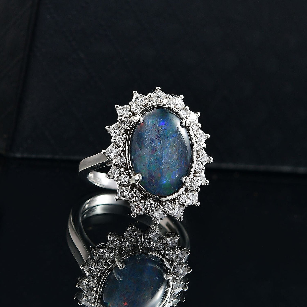 AAA Boulder Opal, Moissanite Halo Ring in Rhodium Overlay Sterling Silver 4.52 Ct. 8124634 2