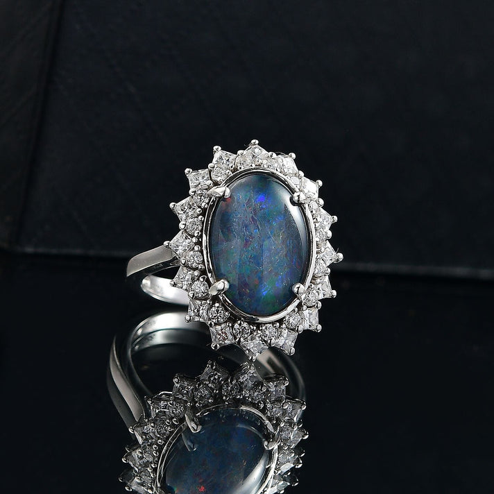 AAA Boulder Opal, Moissanite Halo Ring in Rhodium Overlay Sterling Silver 4.52 Ct. 8124634 2
