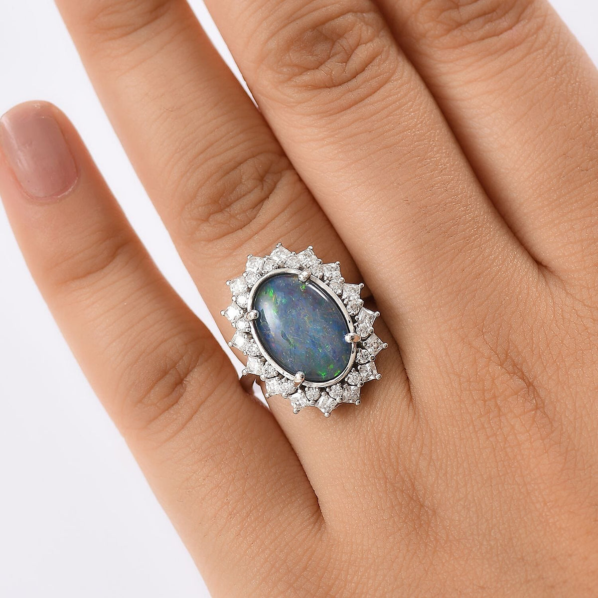 AAA Boulder Opal, Moissanite Halo Ring in Rhodium Overlay Sterling Silver 4.52 Ct. 8124634 3