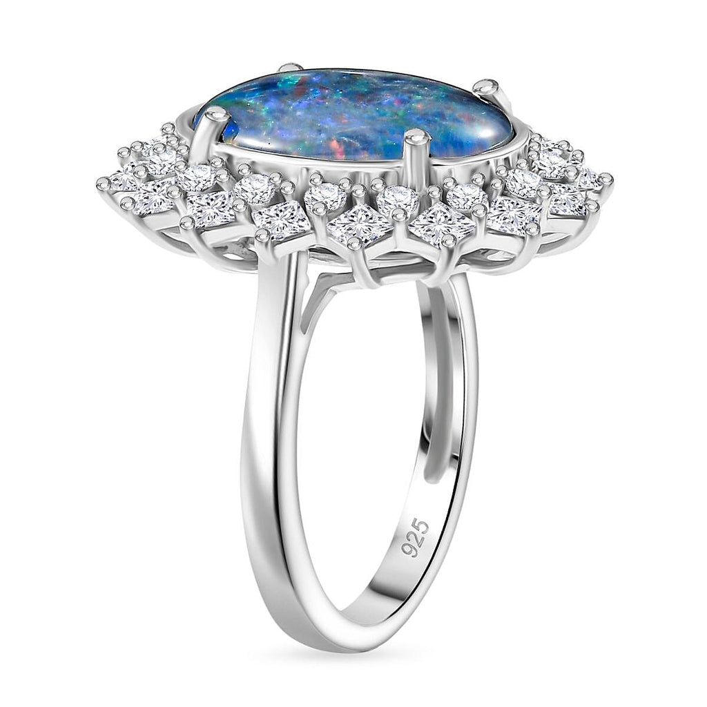 AAA Rare Size Boulder Opal (14X10 mm) and Moissanite Ring in Rhodium OverlaySterling Silver. Total Wt 4.50 Cts