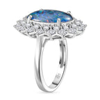 AAA Rare Size Boulder Opal (14X10 mm) and Moissanite Ring in Rhodium OverlaySterling Silver. Total Wt 4.50 Cts