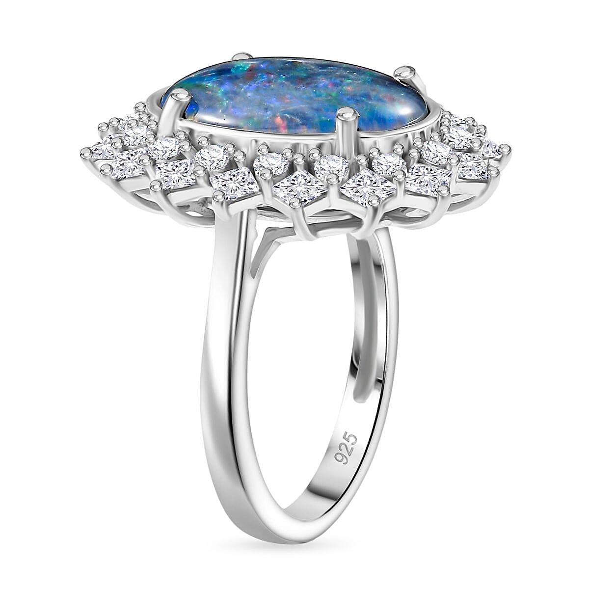 AAA Boulder Opal, Moissanite Halo Ring in Rhodium Overlay Sterling Silver 4.52 Ct. 8124634 4
