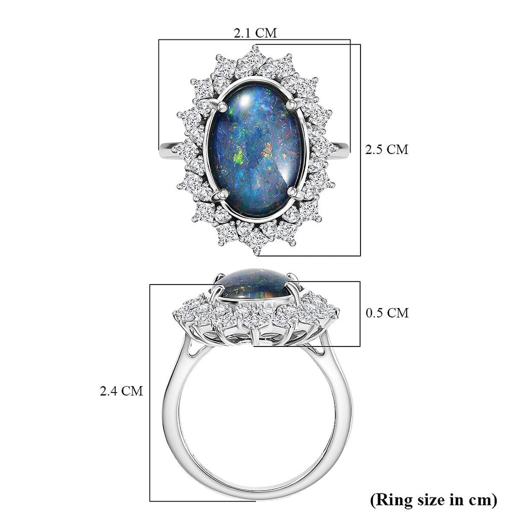 AAA Rare Size Boulder Opal (14X10 mm) and Moissanite Ring in Rhodium OverlaySterling Silver. Total Wt 4.50 Cts