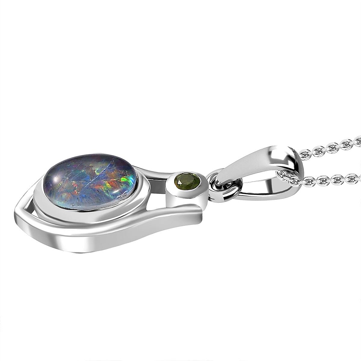 Boulder Opal Triplet,  Natural Chrome Diopside Pendant with Chain (Size 20) in Rhodium Overlay Sterling Silver, 1.040  Ct. 4278283 3
