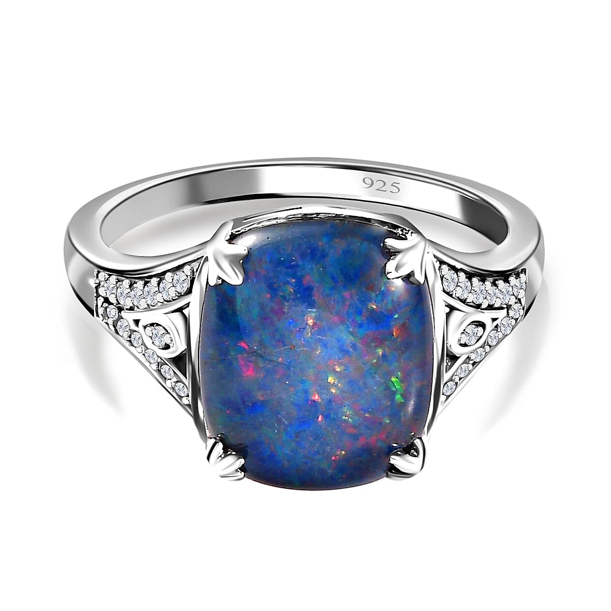 Tucson Special - Australian Boulder Opal &amp; Natural Zircon Ring in Platinum Overlay Sterling Silver 3.77 Ct. 7705946 0