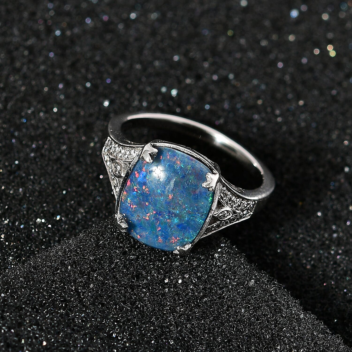 Tucson Special - Australian Boulder Opal &amp; Natural Zircon Ring in Platinum Overlay Sterling Silver 3.77 Ct. 7705946 1