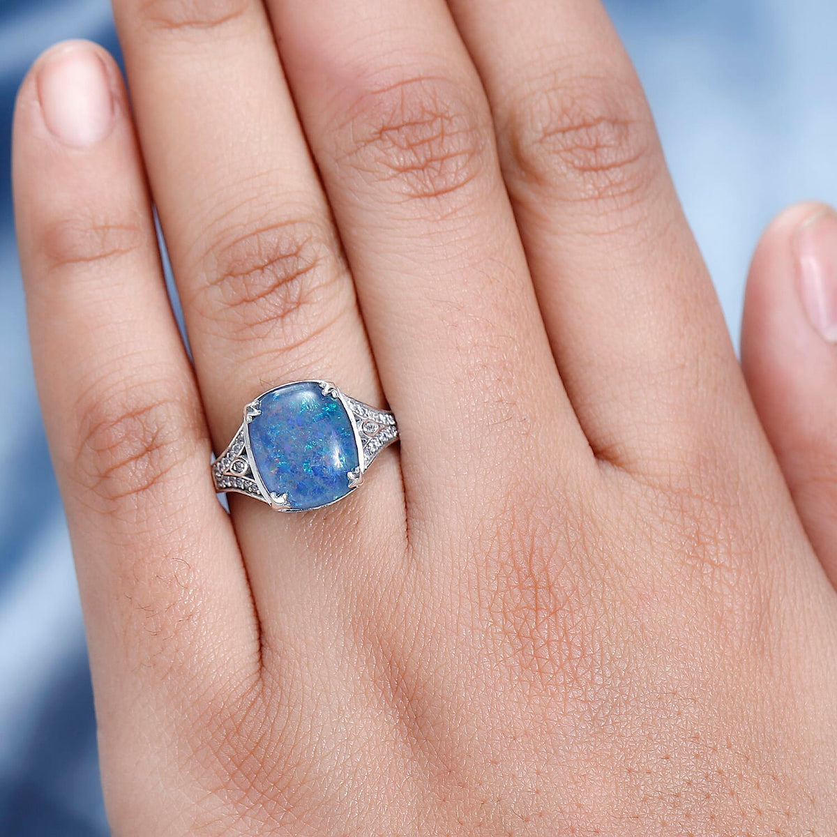 Tucson Special - Australian Boulder Opal &amp; Natural Zircon Ring in Platinum Overlay Sterling Silver 3.77 Ct. 7705946 2