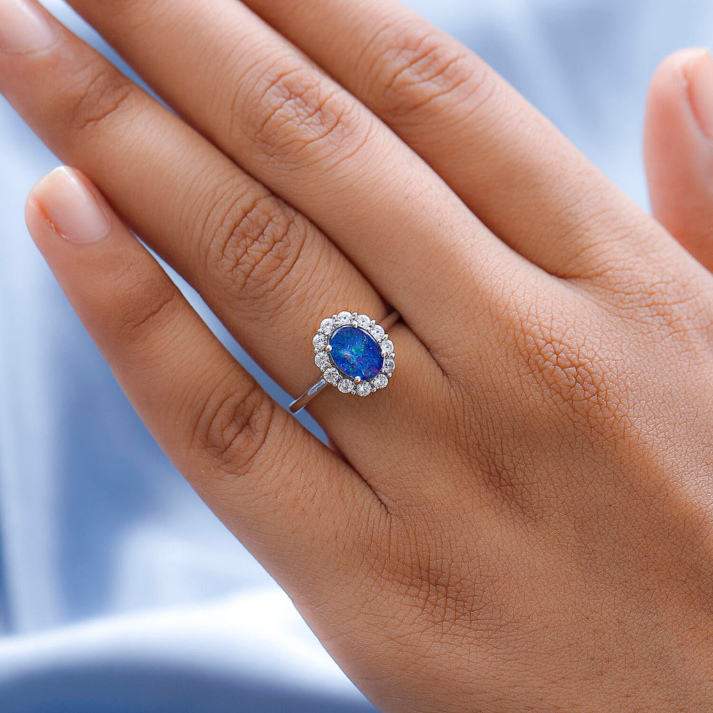 Boulder Opal and Natural Zircon Ring in Platinum Overlay Sterling Silver 1.54 Ct.