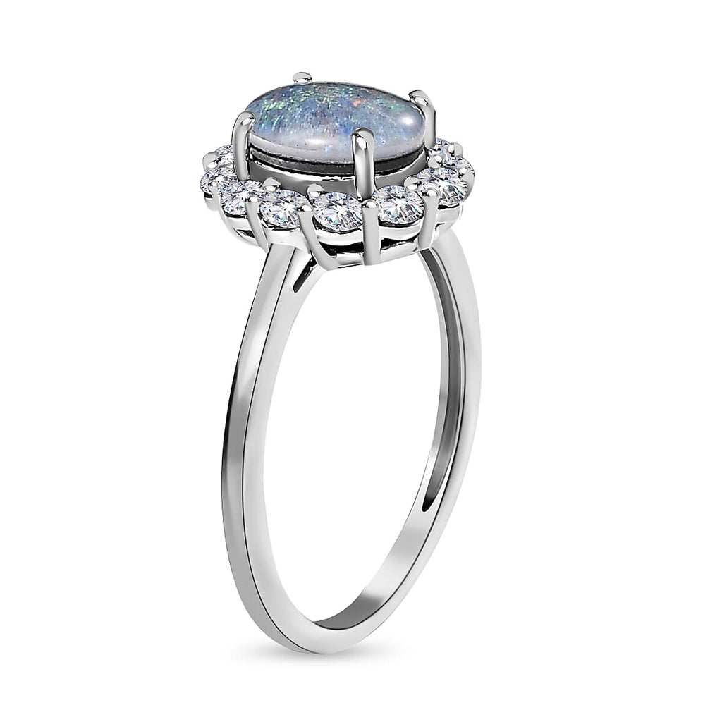 Boulder Opal and Natural Zircon Ring in Platinum Overlay Sterling Silver 1.54 Ct.