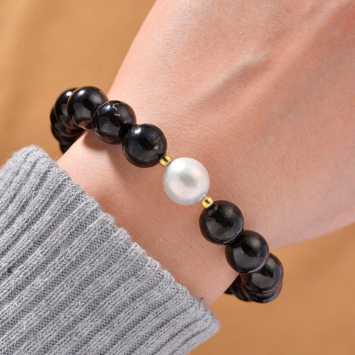 Boutique Collection - White Edison Pearl (11-12MM), Natural Shungite (Size - 7.5 Adjustable) Bracelet in Gold Overlay Sterling Silver 130 Ct. 8186229 2