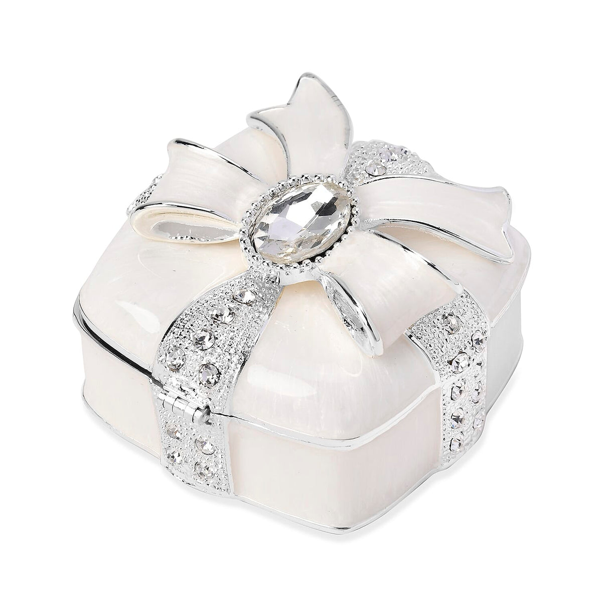 Bowknot Rhinestone Bejewelled Square Trinket Box - White 7686266 0