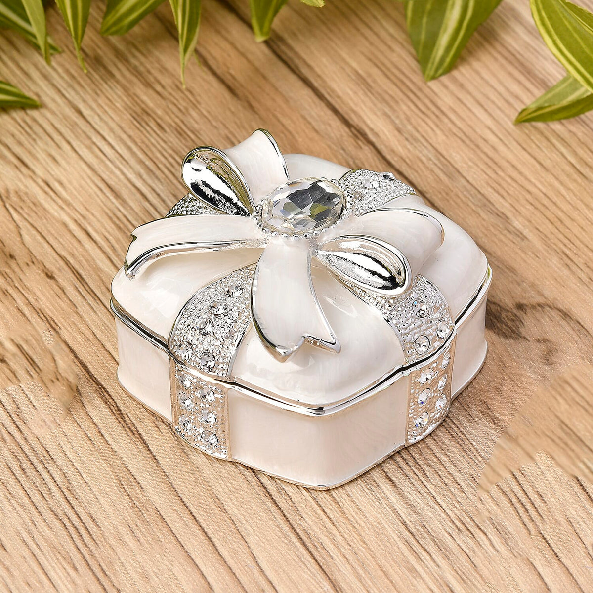 Bowknot Rhinestone Bejewelled Square Trinket Box - White 7686266 1