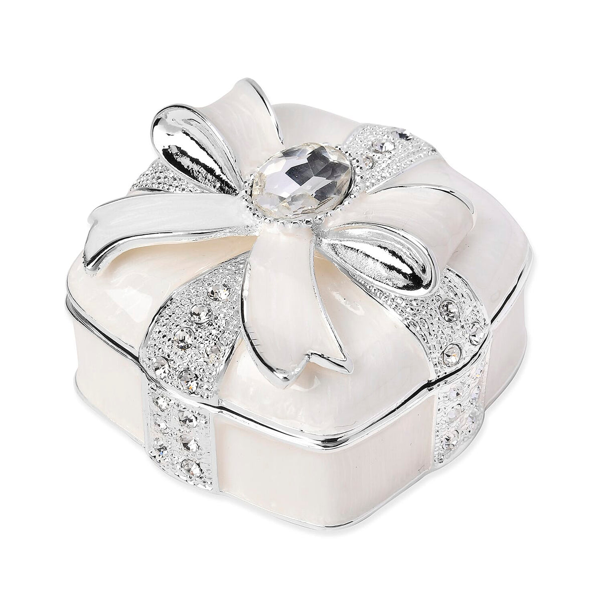 Bowknot Rhinestone Bejewelled Square Trinket Box - White 7686266 2