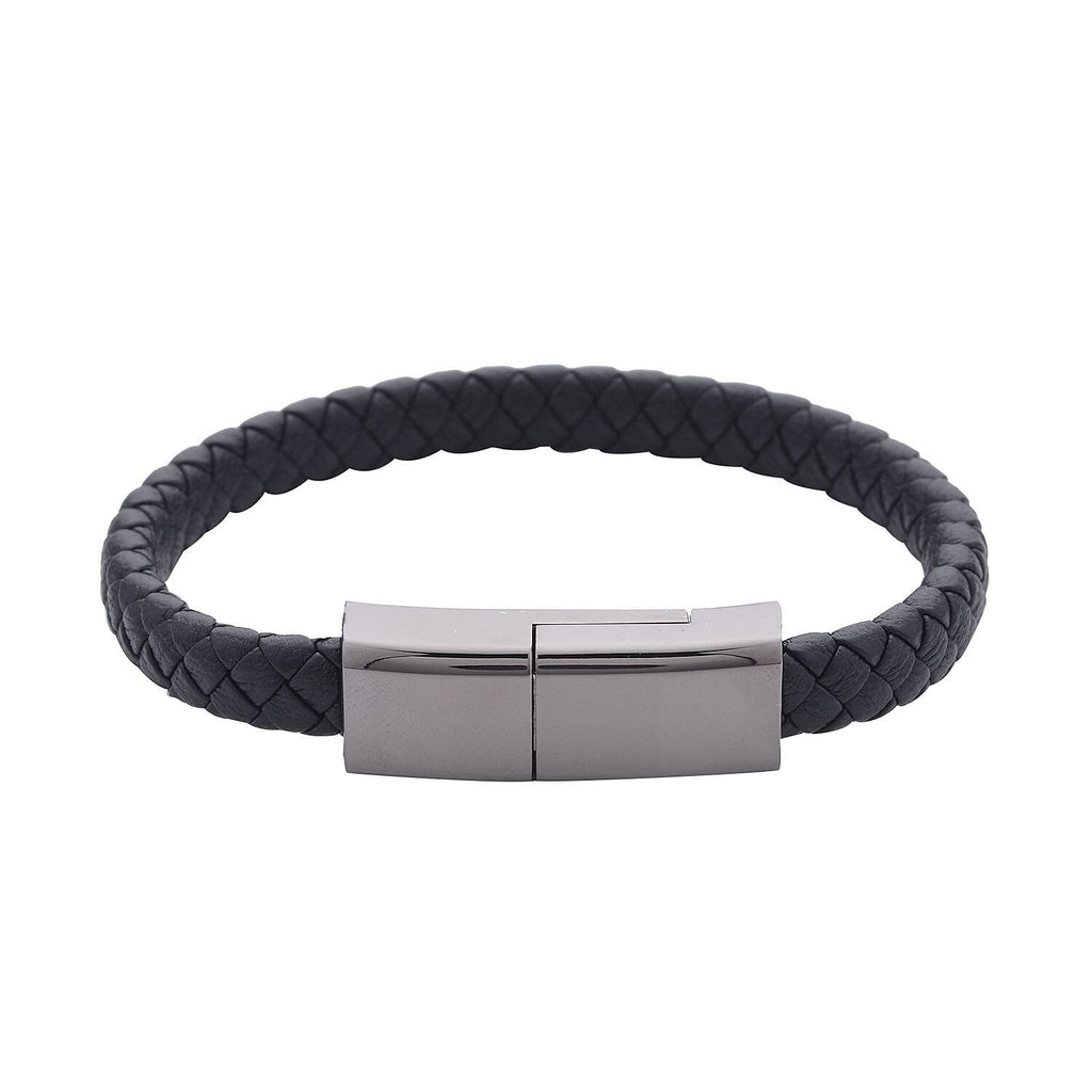 Leather USB Charging Cable Bracelet (Size - 7.5) in Black Tone