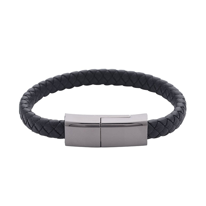 Leather USB Charging Cable Bracelet (Size - 7.5) in Black Tone V32647043 1