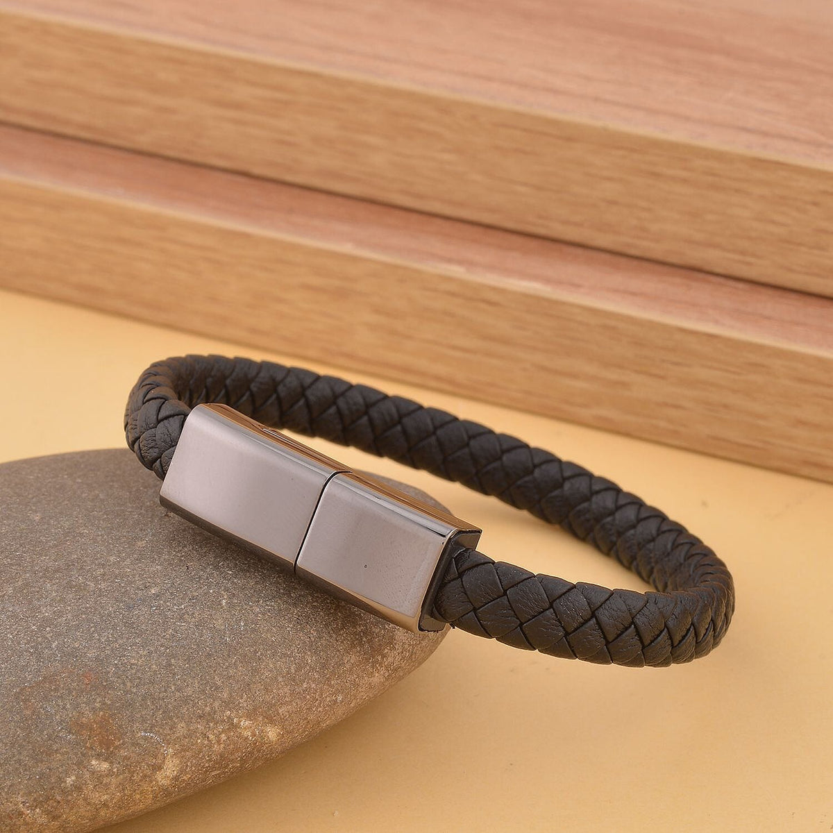 Leather USB Charging Cable Bracelet (Size - 7.5) in Black Tone 7258025 2