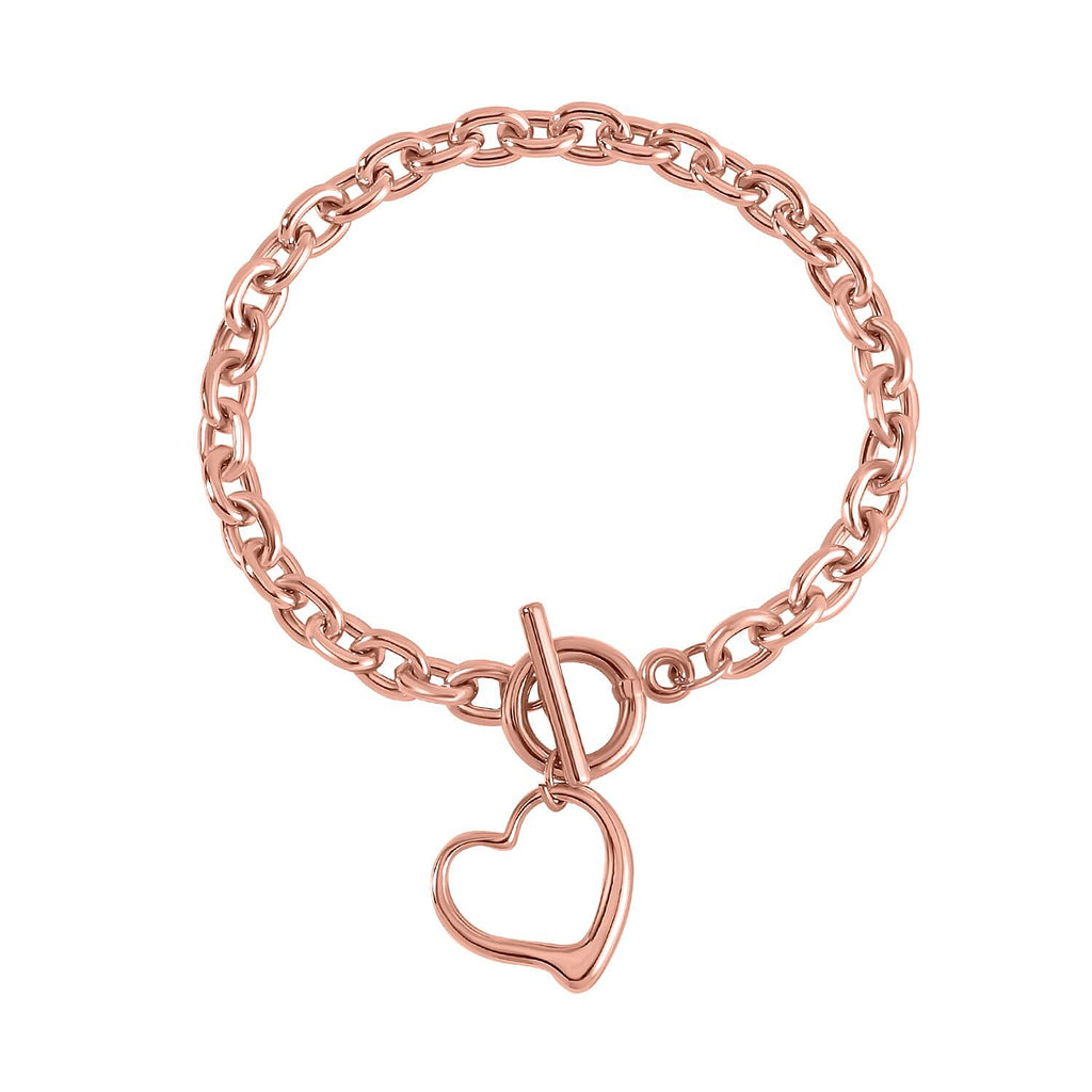 Designer CLOSEOUT - Belcher Link T-Bar Toggle Clasp Heart Charm Rose Gold Plated Bracelet (Size 8)