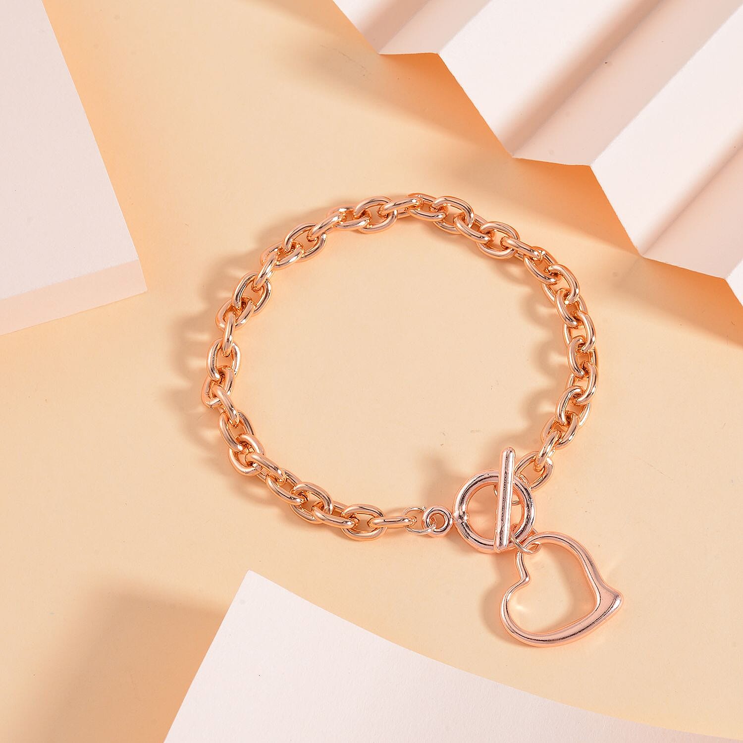 Designer CLOSEOUT - Belcher Link T-Bar Toggle Clasp Heart Charm Rose Gold Plated Bracelet (Size 8) 7676893 1