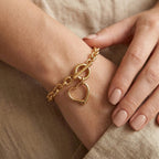 Heart Drop Cable Link Chain Bracelet (Size - 8) with T Bar Clasp in Yellow