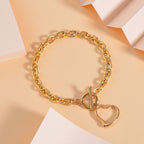 Heart Drop Cable Link Chain Bracelet (Size - 8) with T Bar Clasp in Yellow
