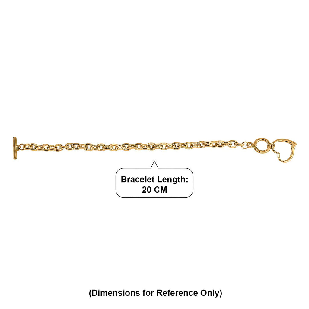 Heart Drop Cable Link Chain Bracelet (Size - 8) with T Bar Clasp in Yellow