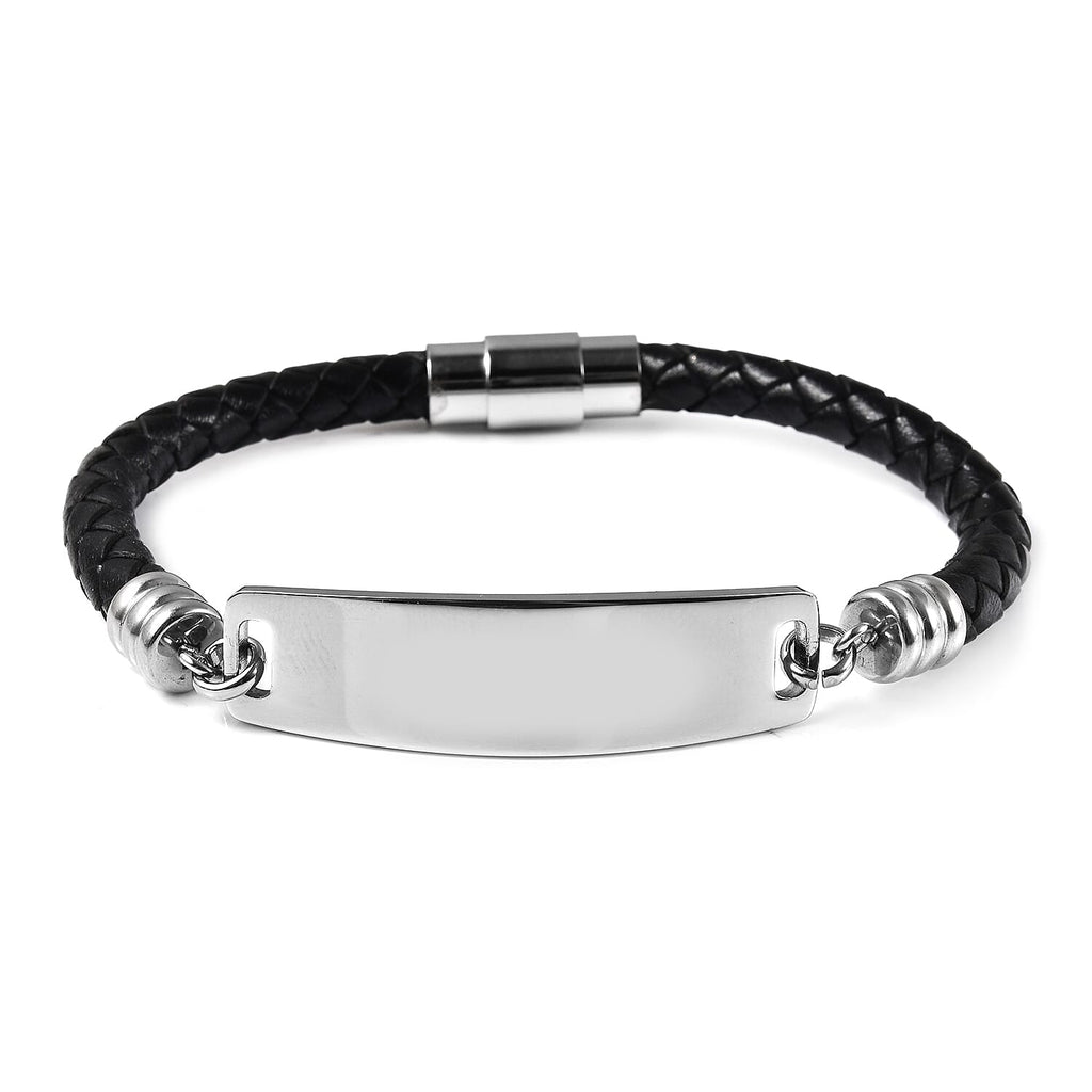 Braided Leather Bracelet with Lock (Size - 8) in Stainless Steel