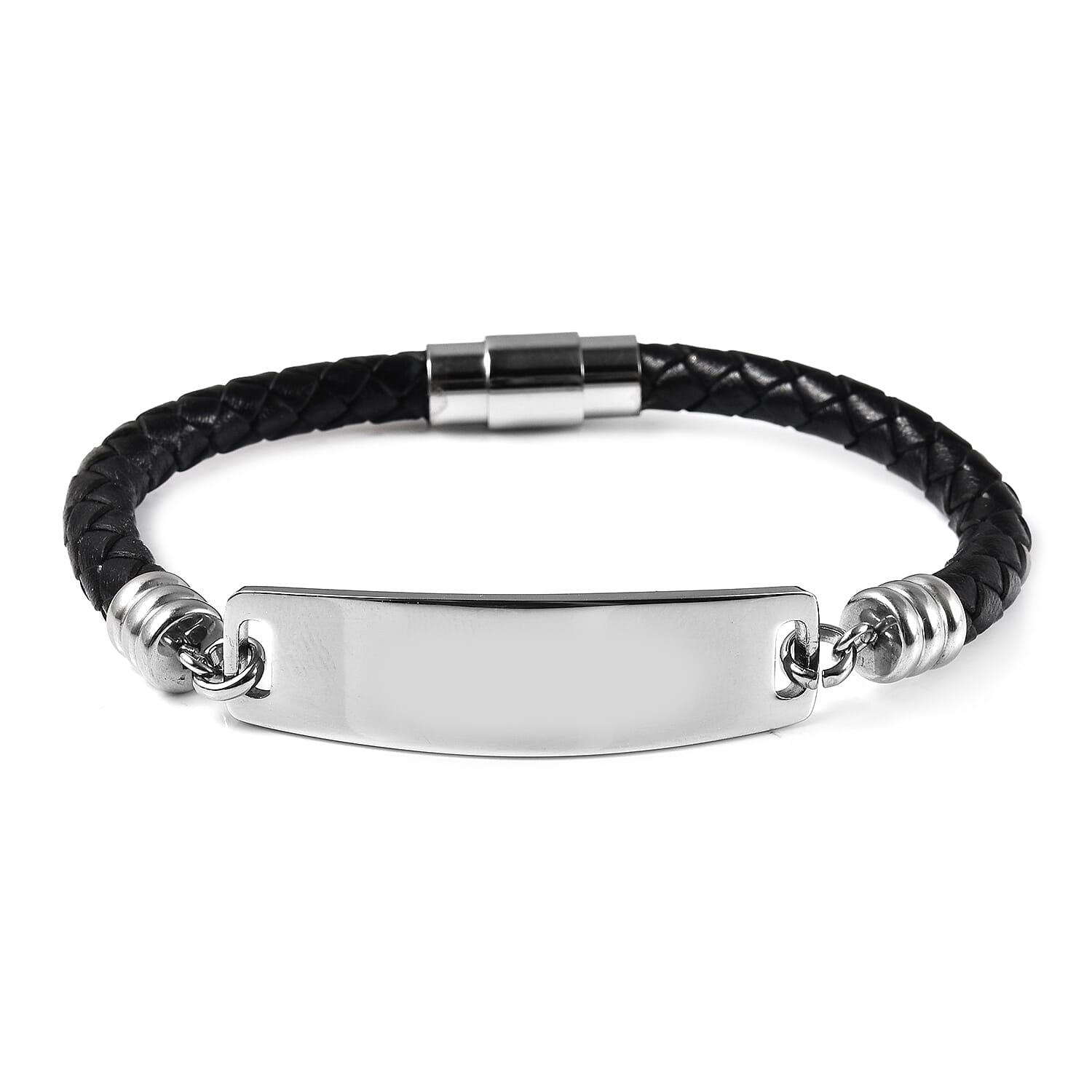 Braided Black Leather ID Bracelet Size 8 in Silver Tone 6122699 0