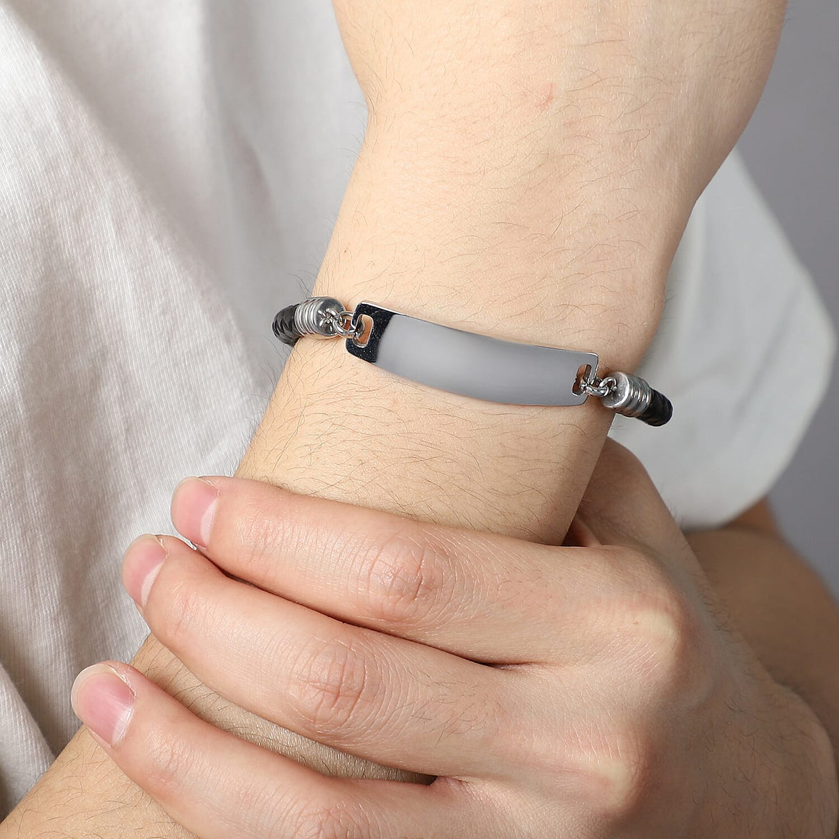 Braided Black Leather ID Bracelet Size 8 in Silver Tone 6122699 3