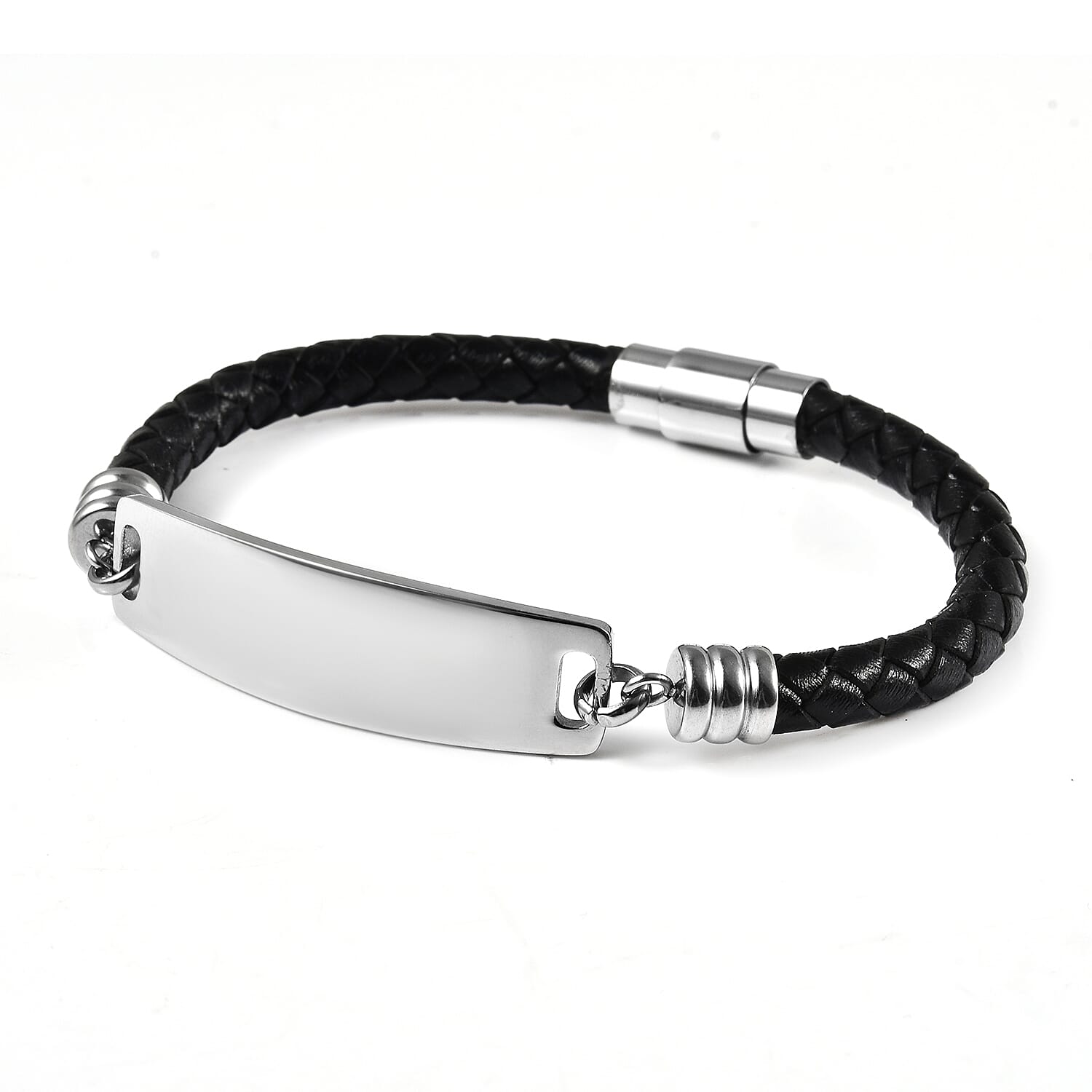 Braided Black Leather ID Bracelet Size 8 in Silver Tone 6122699 4