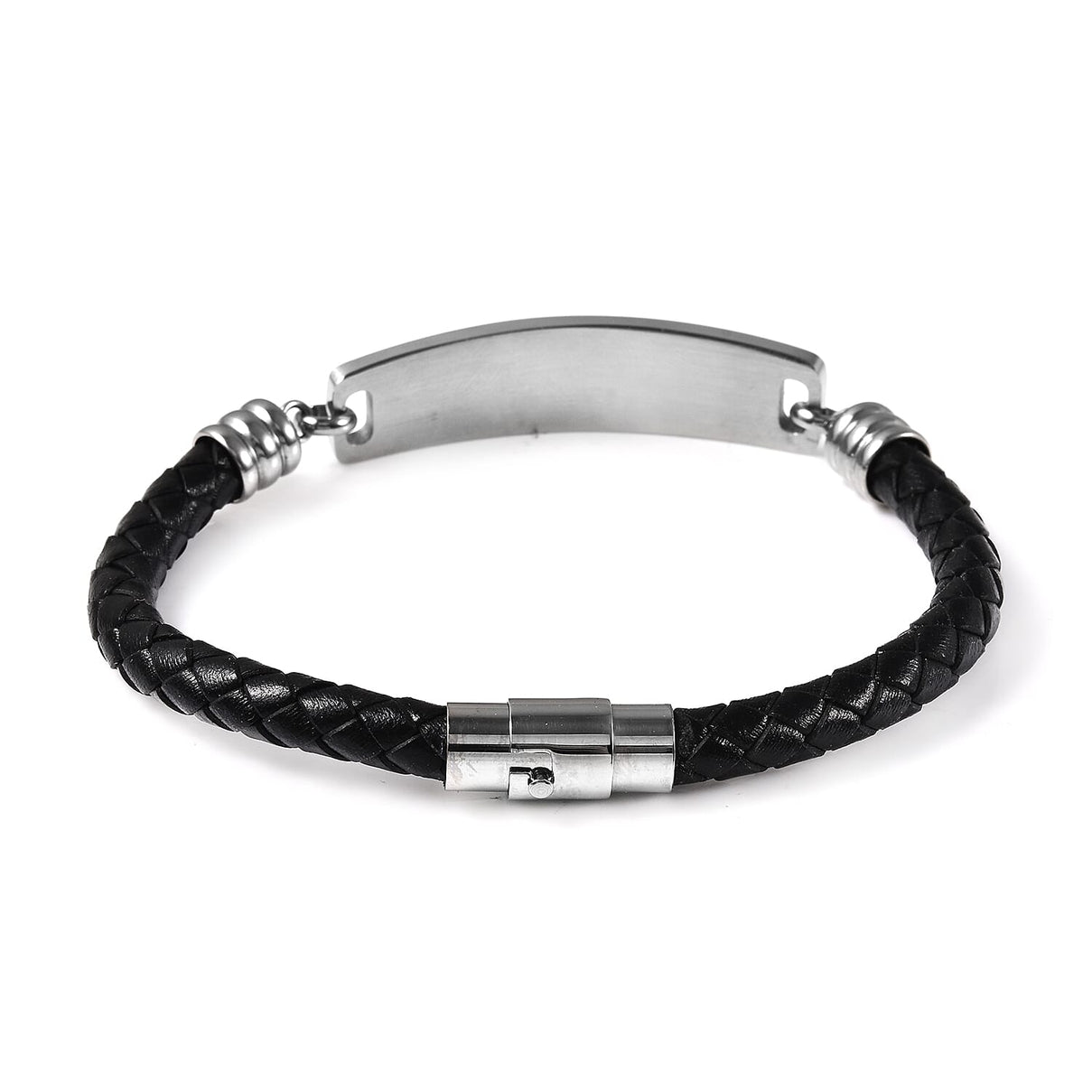 Braided Black Leather ID Bracelet Size 8 in Silver Tone 6122699 5