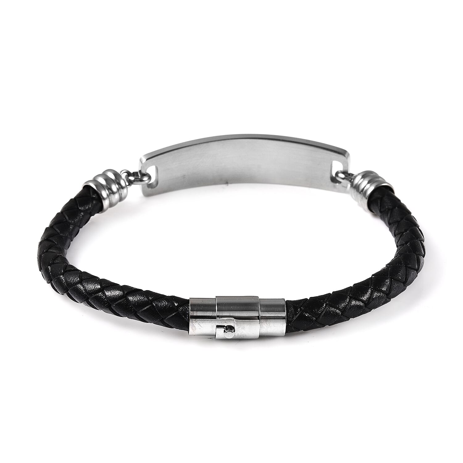 Braided Black Leather ID Bracelet Size 8 in Silver Tone 6122699 5