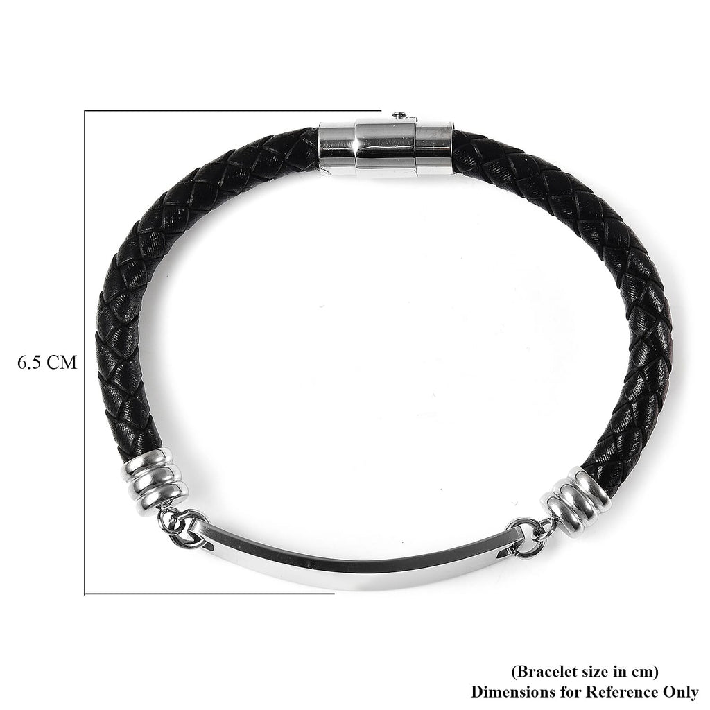 Braided Leather Bracelet with Lock (Size - 8) in Stainless Steel
