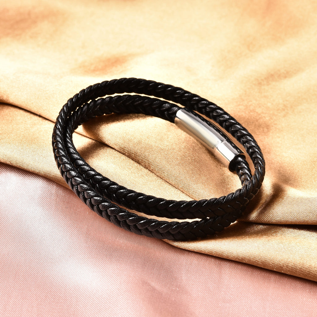Braided Microfibre Leather Bracelet (Size 7.75) with Magnetic Lock in Stainless Steel