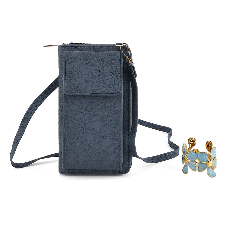 LA MAREY Set of 2 RFID Protected Crossbody Phone Bag & Flower Cuff Bracelet - Navy Blue