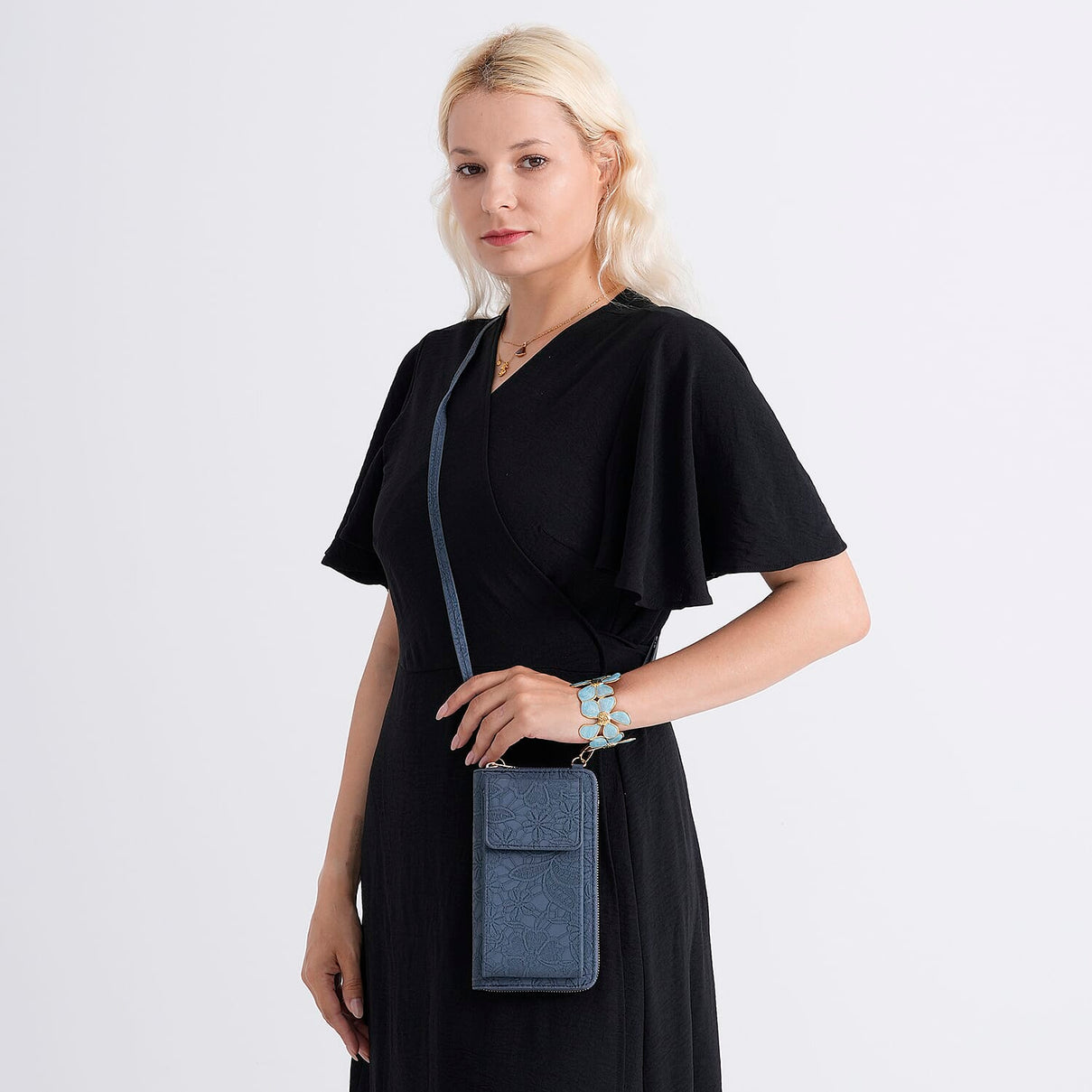LA MAREY Set of 2 RFID Protected Crossbody Phone Bag &amp; Flower Cuff Bracelet - Navy Blue 4455512 2