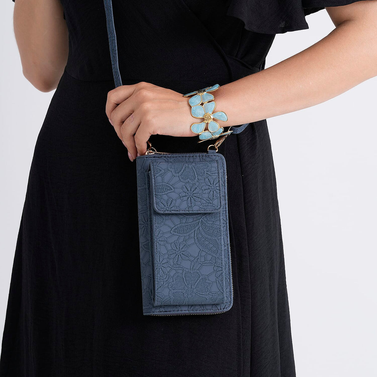 LA MAREY Set of 2 RFID Protected Crossbody Phone Bag &amp; Flower Cuff Bracelet - Navy Blue 4455512 3