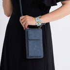 LA MAREY Set of 2 RFID Protected Crossbody Phone Bag & Flower Cuff Bracelet - Navy Blue
