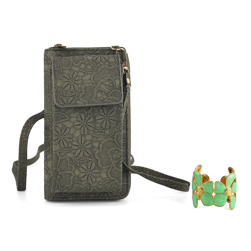 LA MAREY Set of 2 RFID Protected Crossbody Phone Bag & Flower Cuff Bracelet - Hunter Green