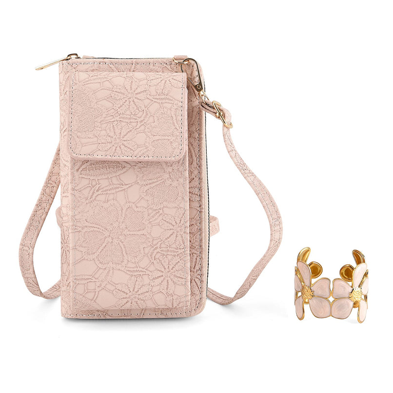 LA MAREY Set of 2 RFID Protected Crossbody Phone Bag & Flower Cuff Bracelet - Pink