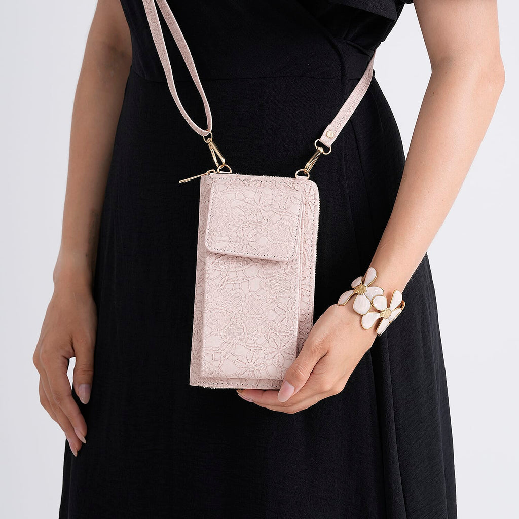 LA MAREY Set of 2 RFID Protected Crossbody Phone Bag & Flower Cuff Bracelet - Pink