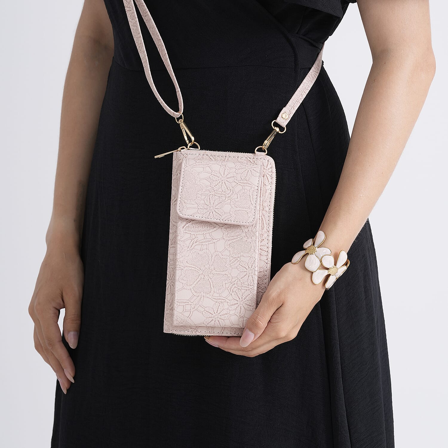LA MAREY Set of 2 RFID Protected Crossbody Phone Bag &amp; Flower Cuff Bracelet - Pink V32524718 3