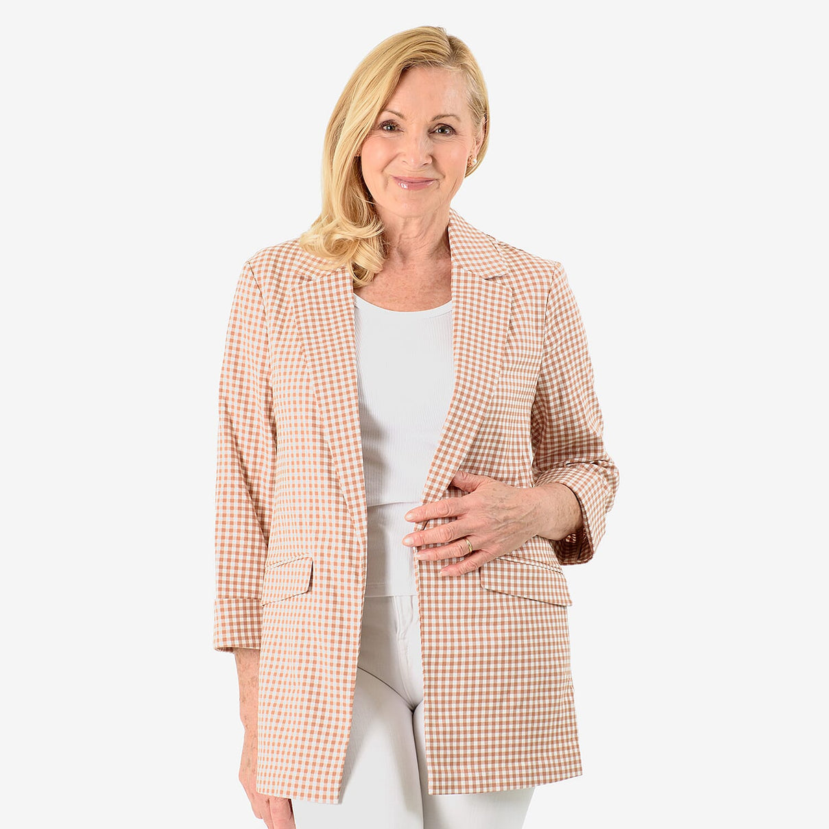 Brand New - Women Front-Open 3-4 Sleeve Checkered Blazer (Size 10) - Orange-Brown 8096276 0