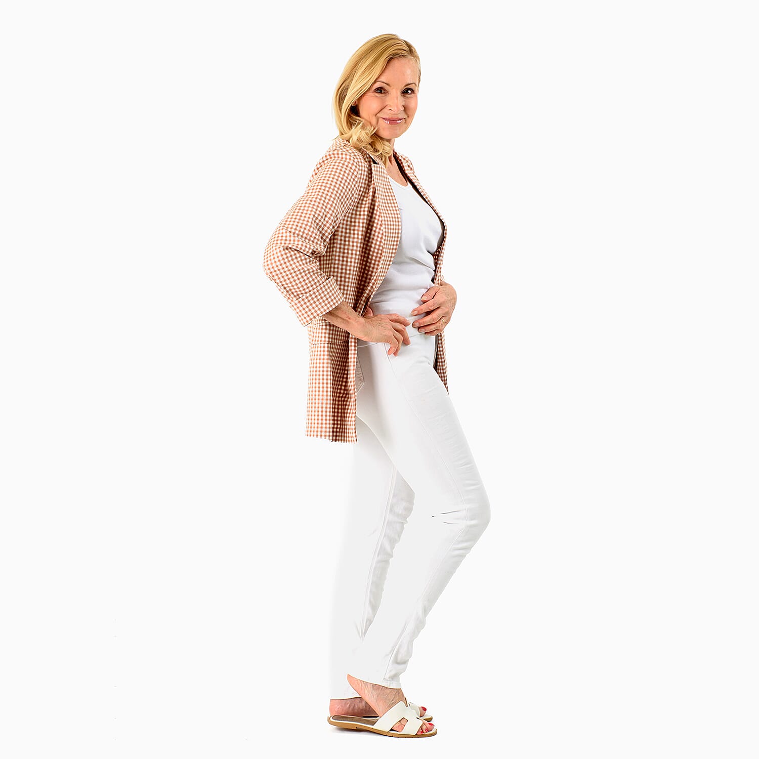 Brand New - Women Front-Open 3-4 Sleeve Checkered Blazer (Size 10) - Orange-Brown 8096276 1