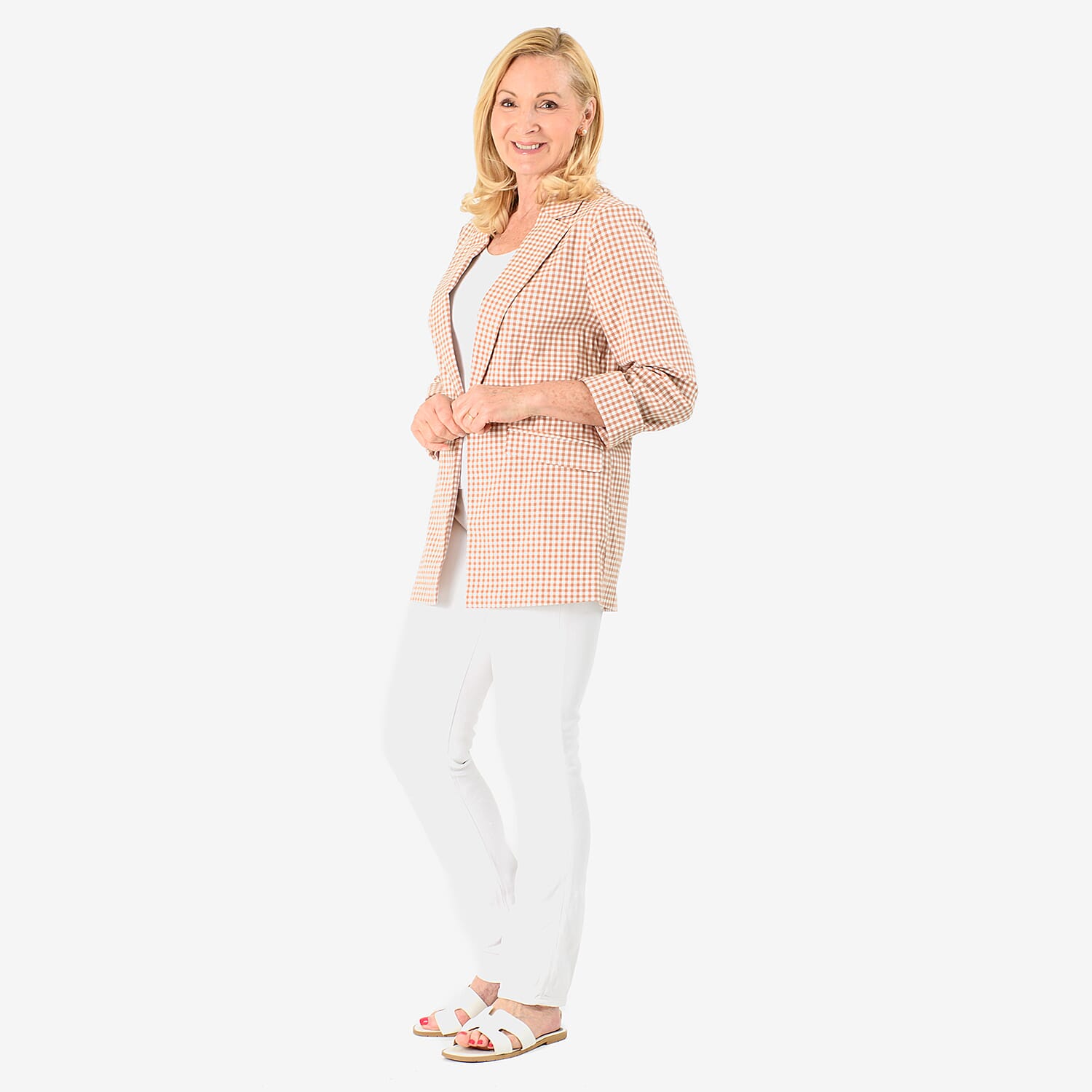 Brand New - Women Front-Open 3-4 Sleeve Checkered Blazer (Size 10) - Orange-Brown 8096276 3