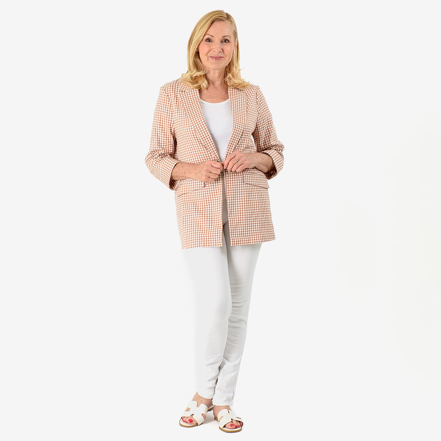 Brand New - Women Front-Open 3-4 Sleeve Checkered Blazer (Size 10) - Orange-Brown 8096276 4