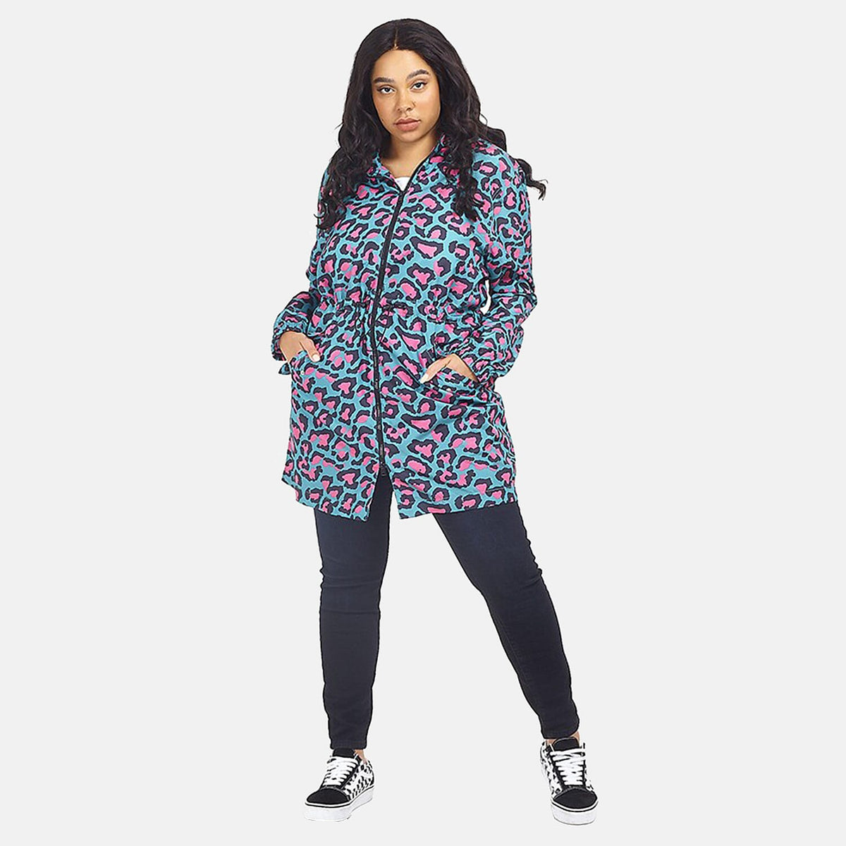 Brave Soul Leopard Pattern Water Resistant Hooded Rain Mac (Size 20) - Teal with Pink and Black V32631636 0