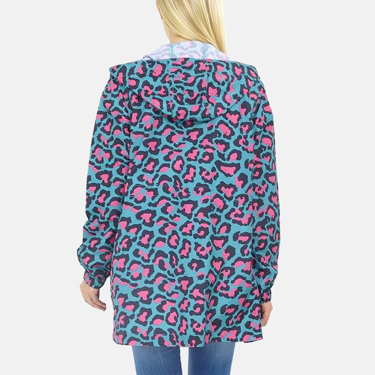 Brave Soul Leopard Pattern Water Resistant Hooded Rain Mac (Size 20) - Teal with Pink and Black V32631636 1